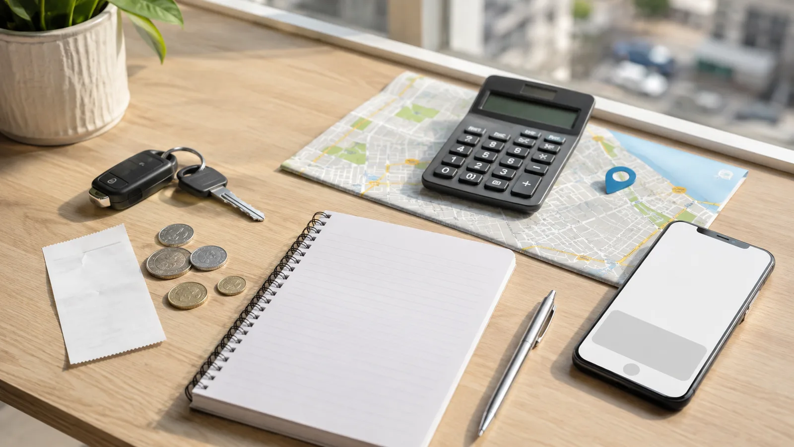 Car keys, coins, calculator, notebook, city map, and phone arranged on a bright desk for planning parking costs