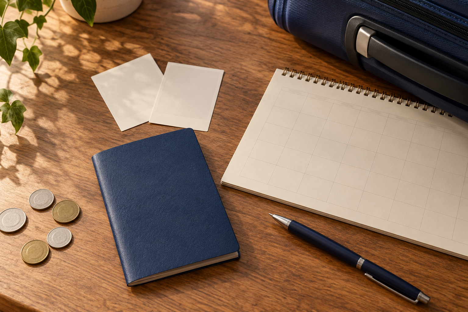 Plain travel document, calendar, photo prints, and coins arranged beside a small suitcase on a desk