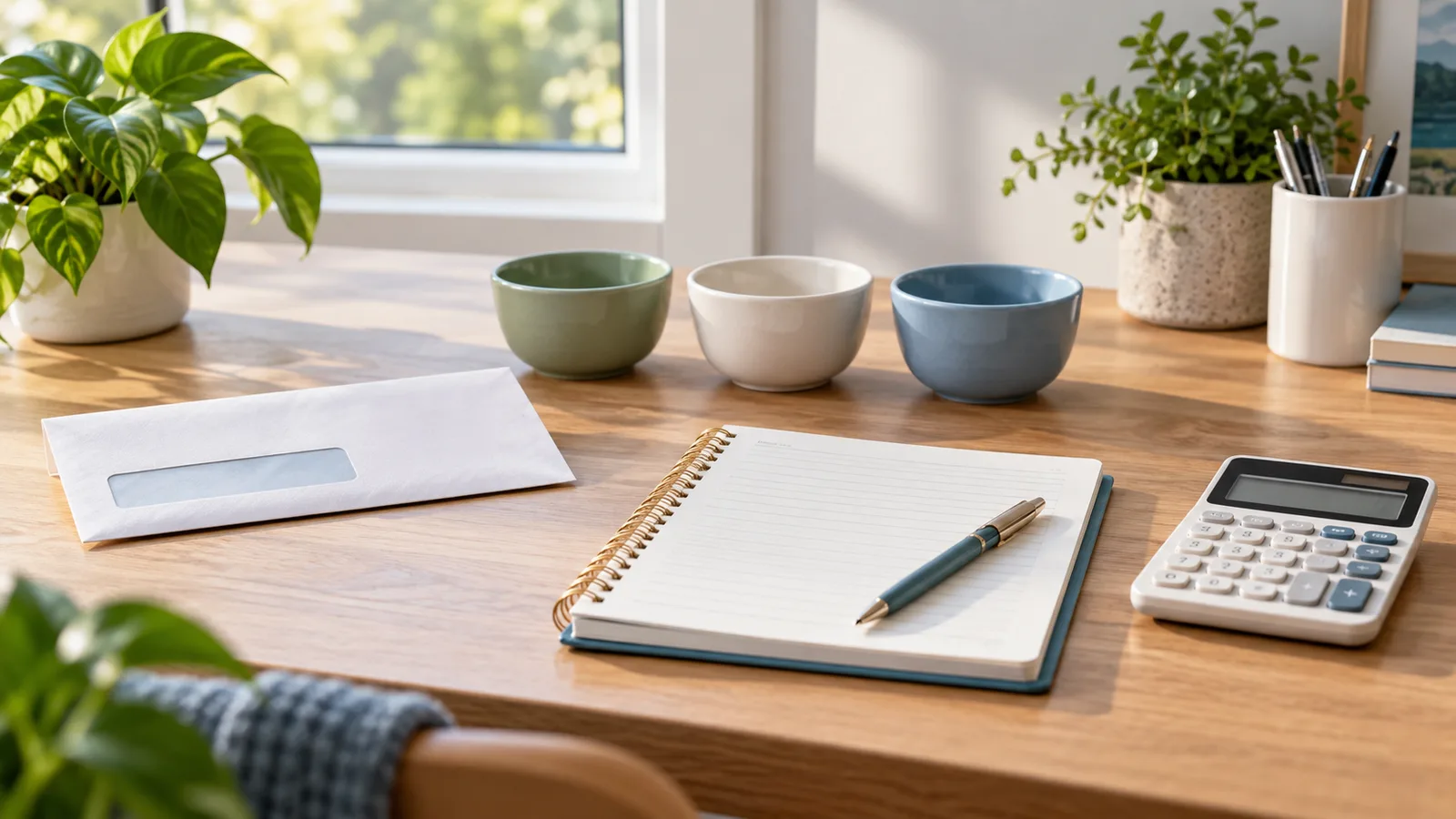 Desk with a paycheck envelope, notebook, calculator, and three small bowls for planning extra income