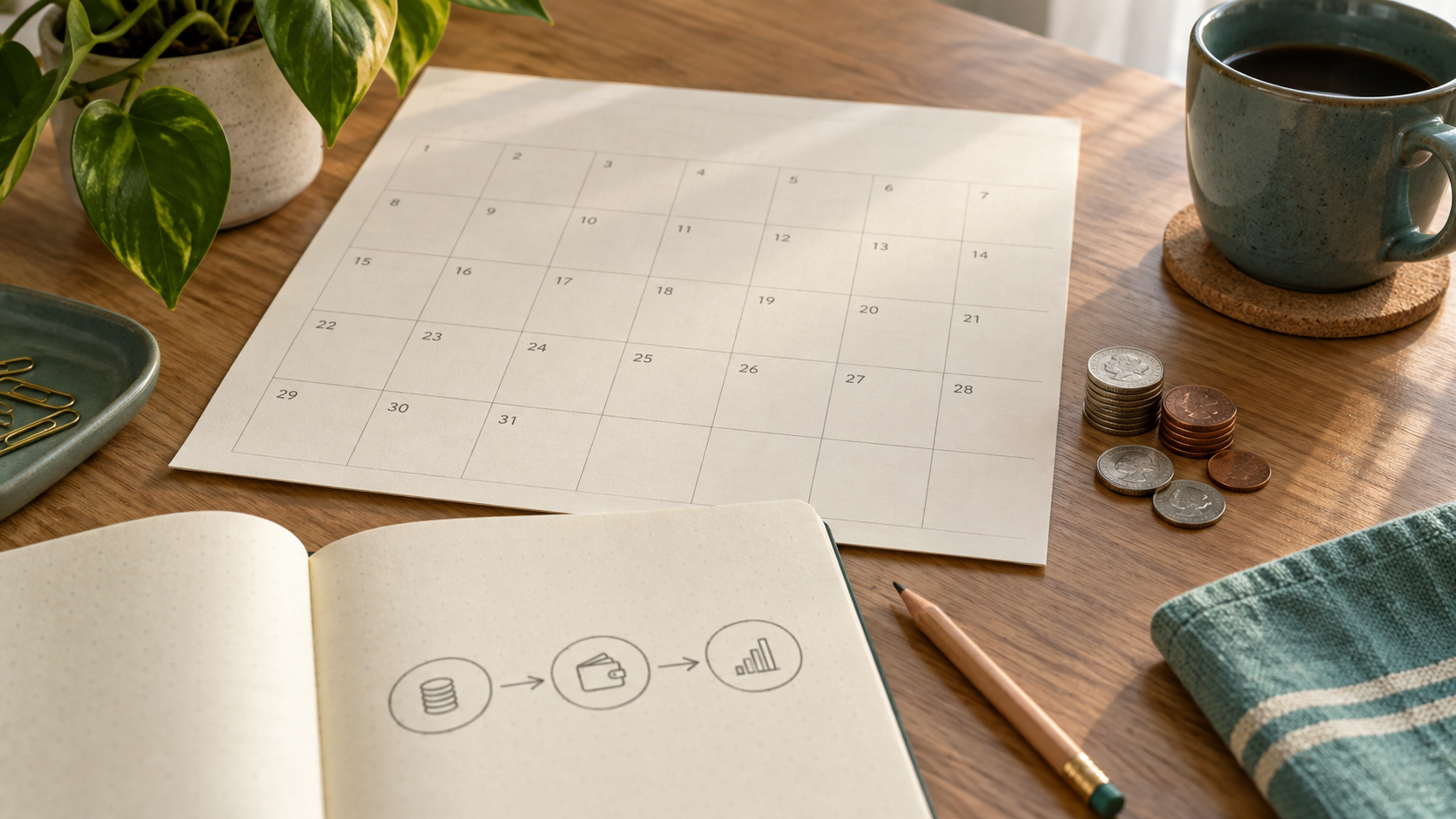 Monthly calendar, notebook with a cash-flow sketch, pencil, and a small stack of coins on a sunlit desk