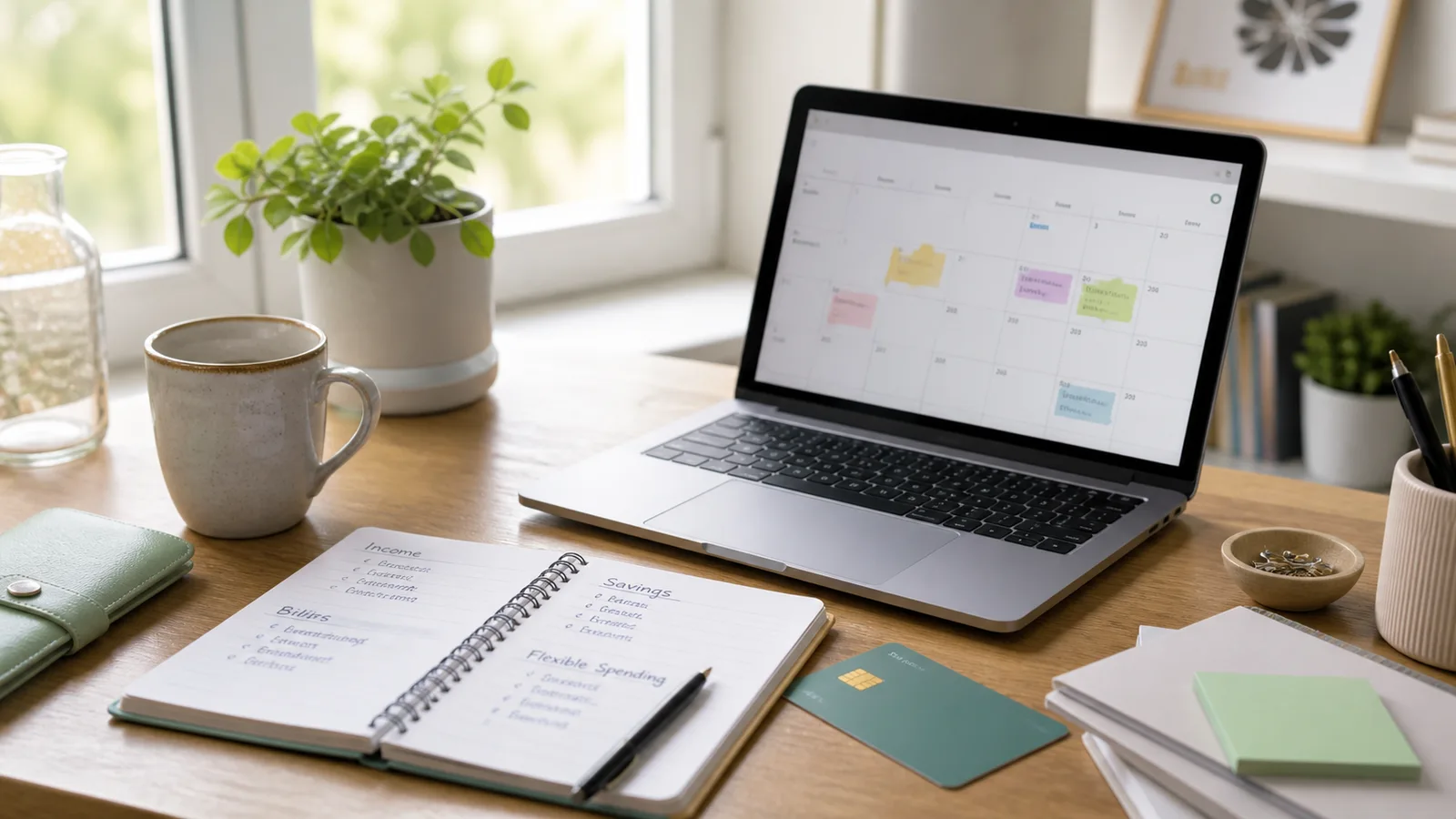A tidy desk with a laptop, notebook, debit card, and coffee arranged for a payday budget review