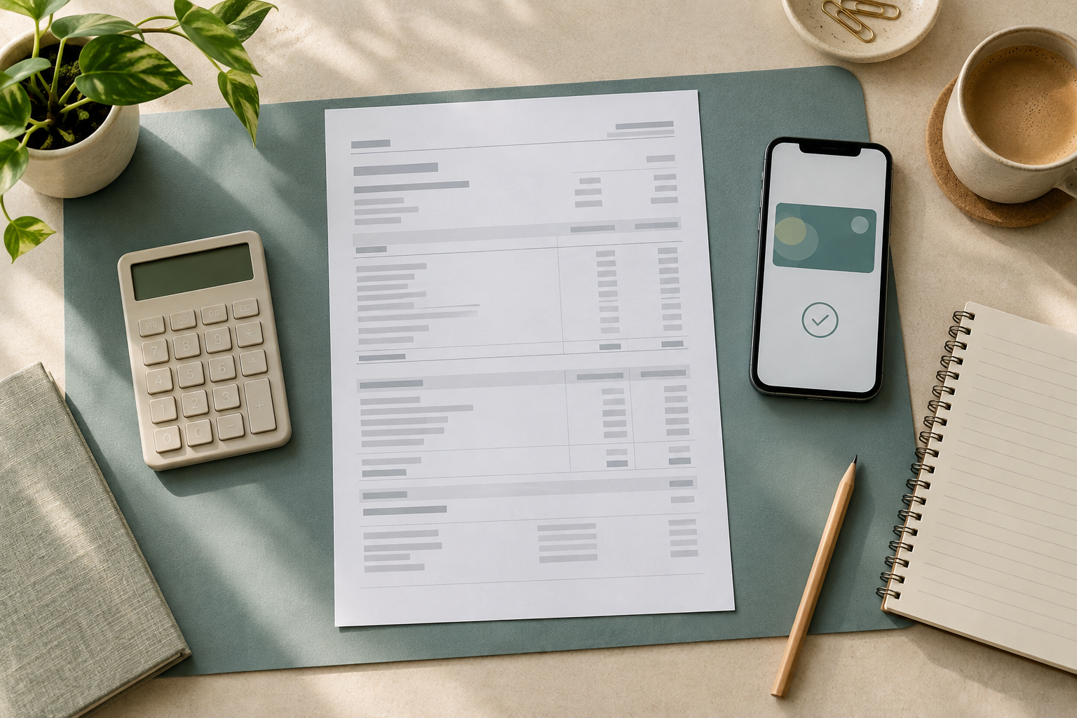 Overhead view of a fictional pay statement, calculator, pencil, lined notebook, and phone with a confirmation icon on a muted teal desk