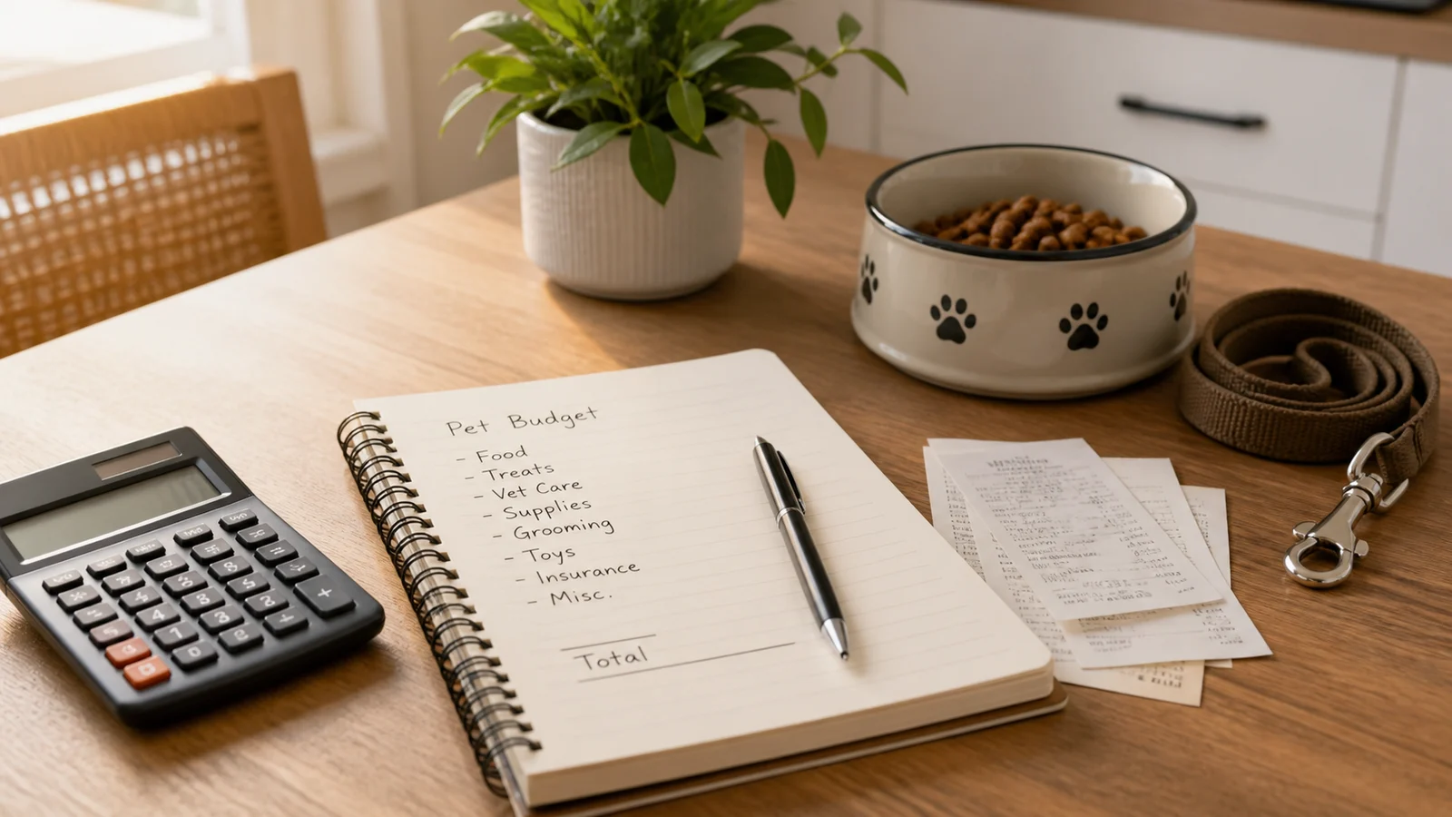 Notebook, calculator, receipts, pet bowl, and leash arranged on a home desk for planning pet expenses