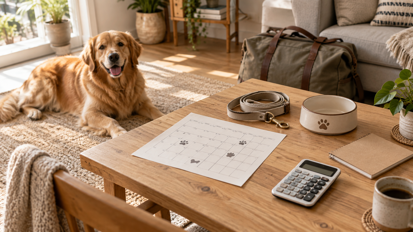 Dog resting beside a table with a pet-care calendar, leash, bowl, notebook, calculator, and packed travel bag