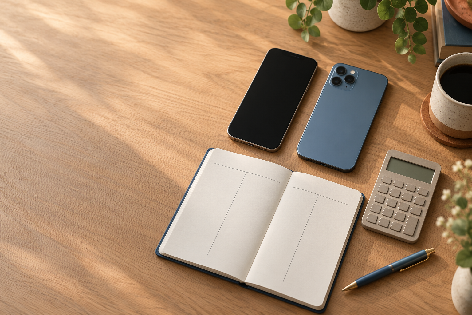 Two smartphones beside a blank comparison notebook and a calculator on a desk