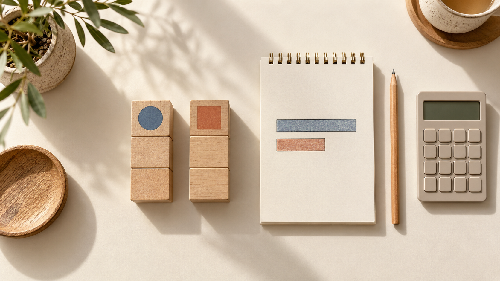 Two stacks of wooden blocks with blue and terracotta markers beside a notebook showing two proportional bars and a calculator