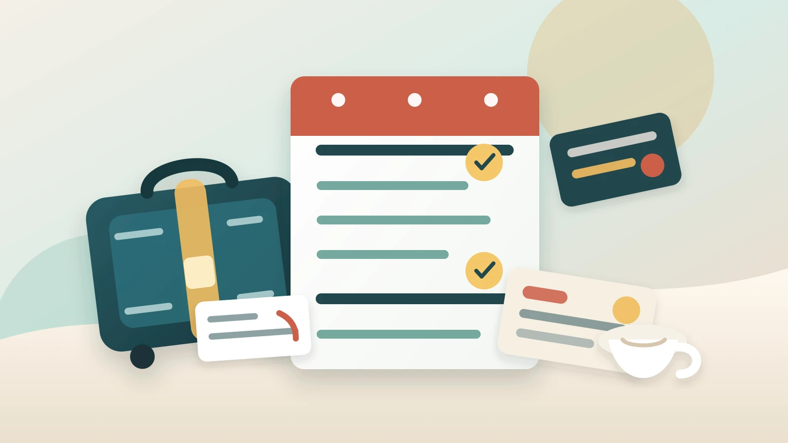 Desk with a suitcase, travel receipts, payment cards, and a budget checklist for a post-vacation reset