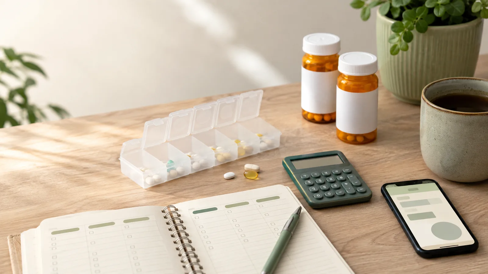 Weekly pill organizer, blank prescription bottles, calculator, phone, notebook, pen, mug, and plant on a sunlit kitchen table