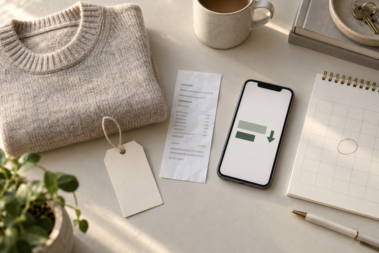 Receipt, folded sweater with a blank tag, phone with a downward price graphic, and circled calendar date on a tidy desk