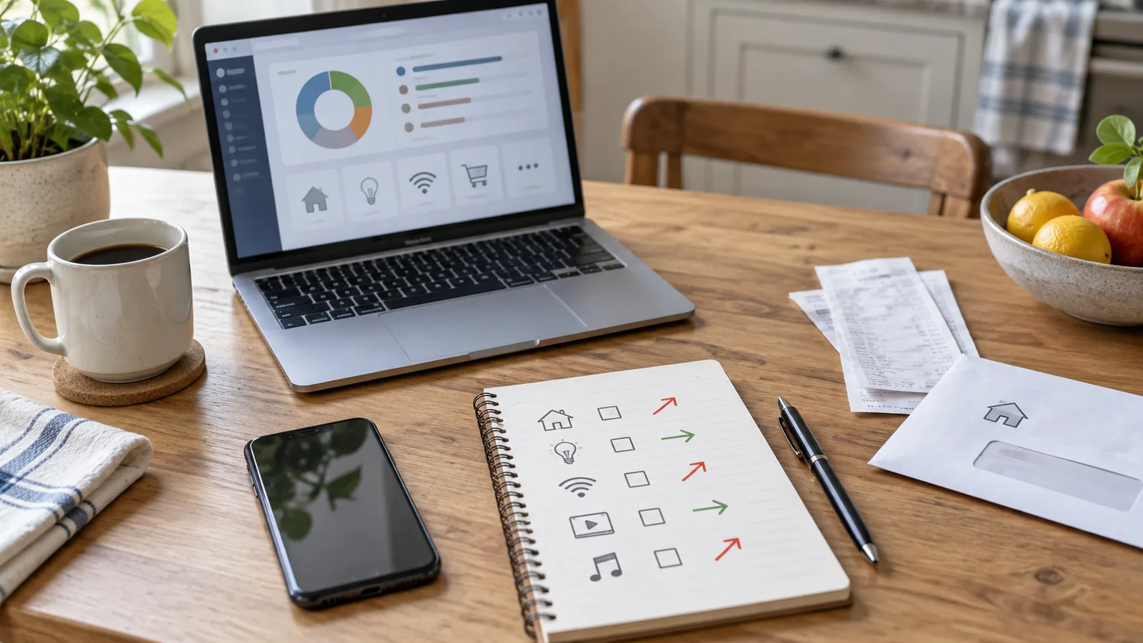 Notebook, laptop budget dashboard, receipts, and household bills arranged on a kitchen table