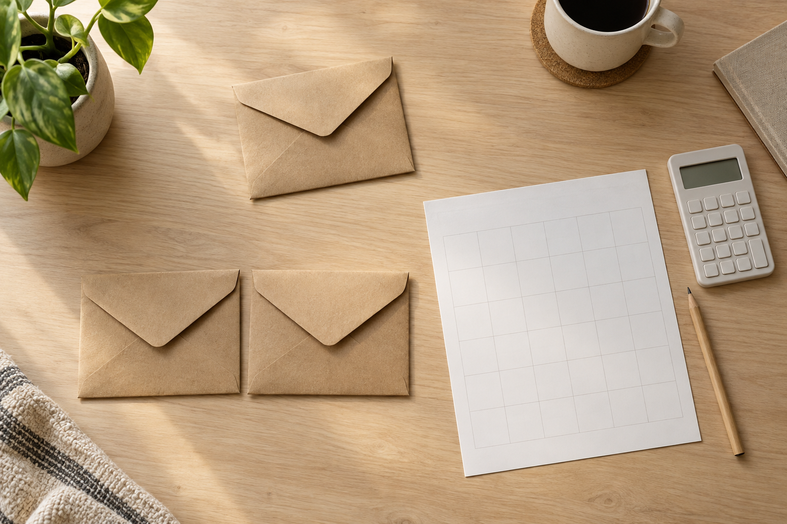 Three unmarked savings envelopes, a simple calendar, calculator, and pencil arranged on a warm desk
