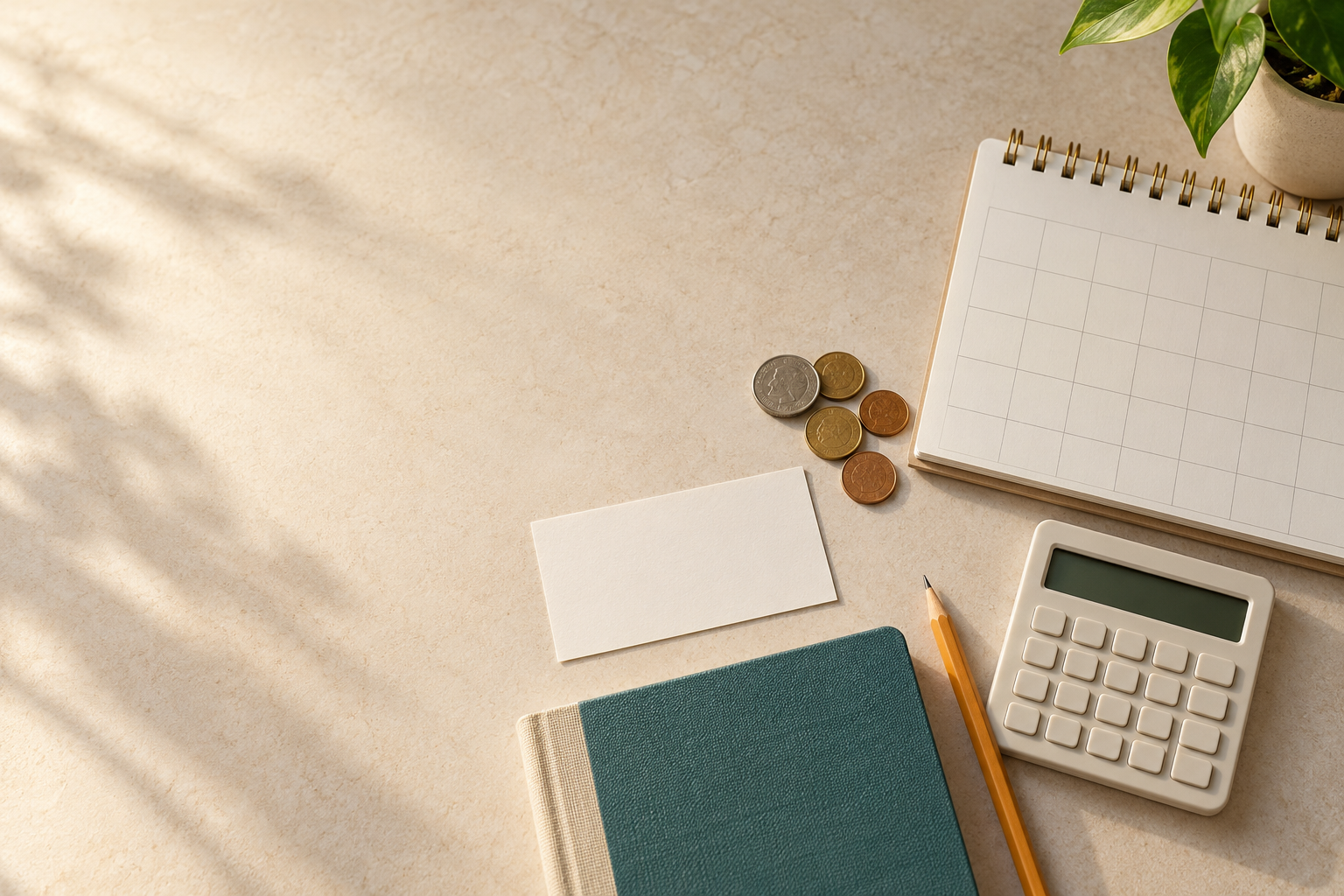 Notebook, blank exam card, calculator, calendar, pencil, and coins arranged on a sunlit desk