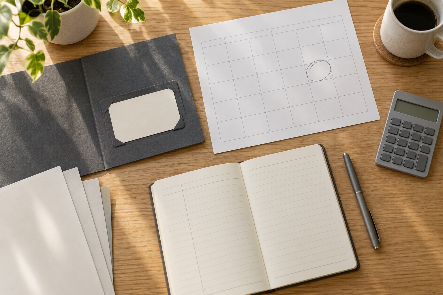 Calendar, credential folder, calculator, and notebook laid out on a desk for planning a professional renewal