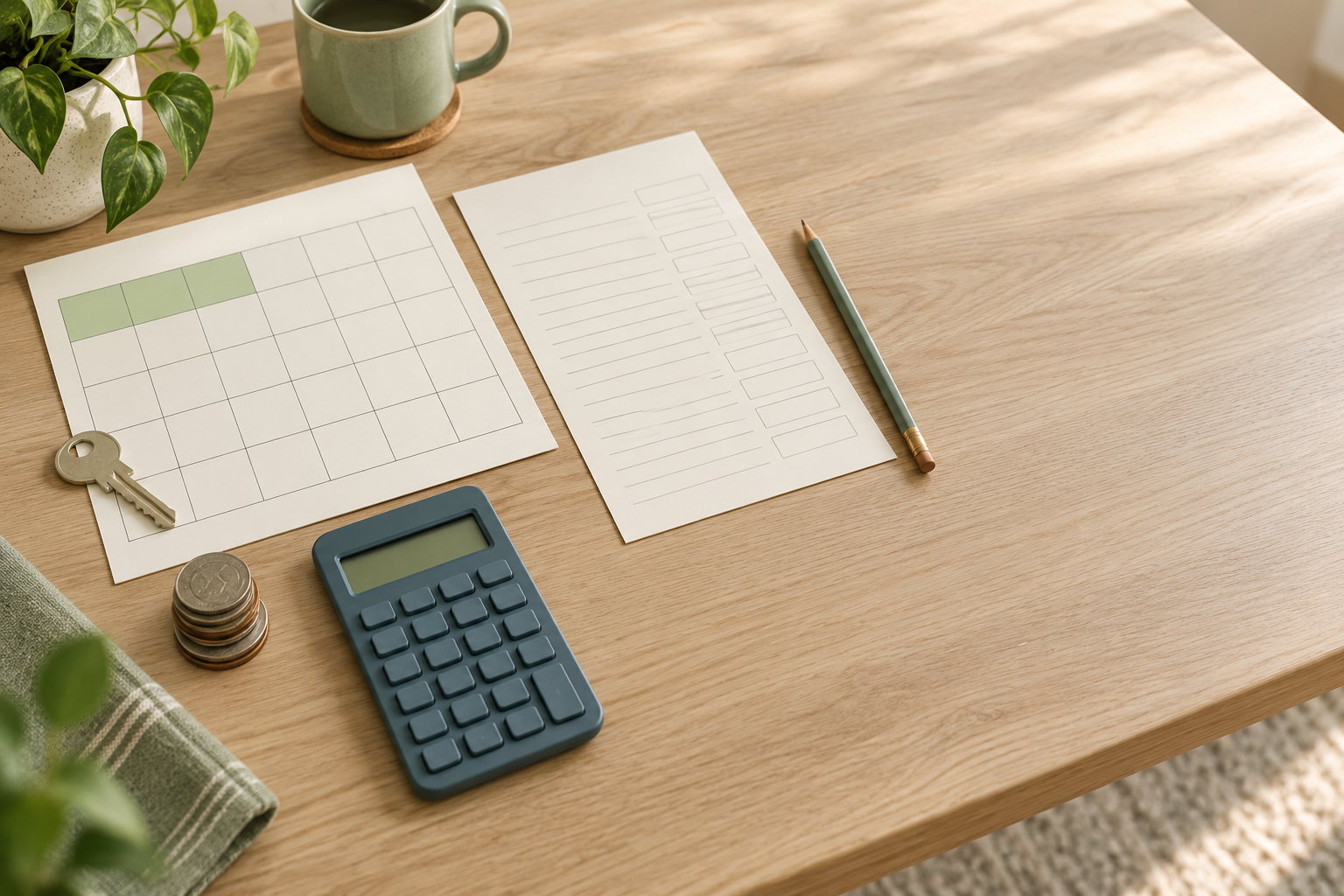 Apartment key, partial-month calendar, blank rent worksheet, calculator, and coins on a pale wooden table