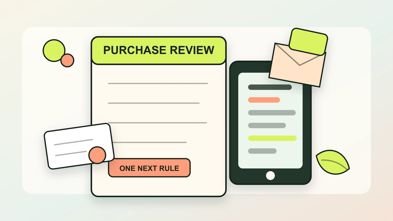 Notebook labeled purchase review beside receipts, a returned package, pen, and phone on a desk