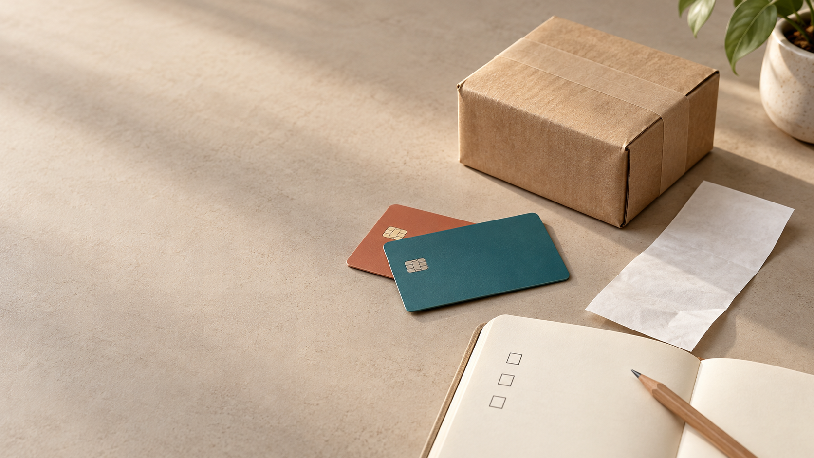 Two unbranded payment cards beside a return parcel, receipt, and refund checklist on a desk