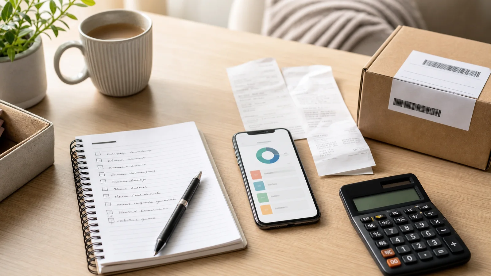 Home desk with receipts, a return package, notebook checklist, calculator, and phone budget tracker for following refunds and reimbursements