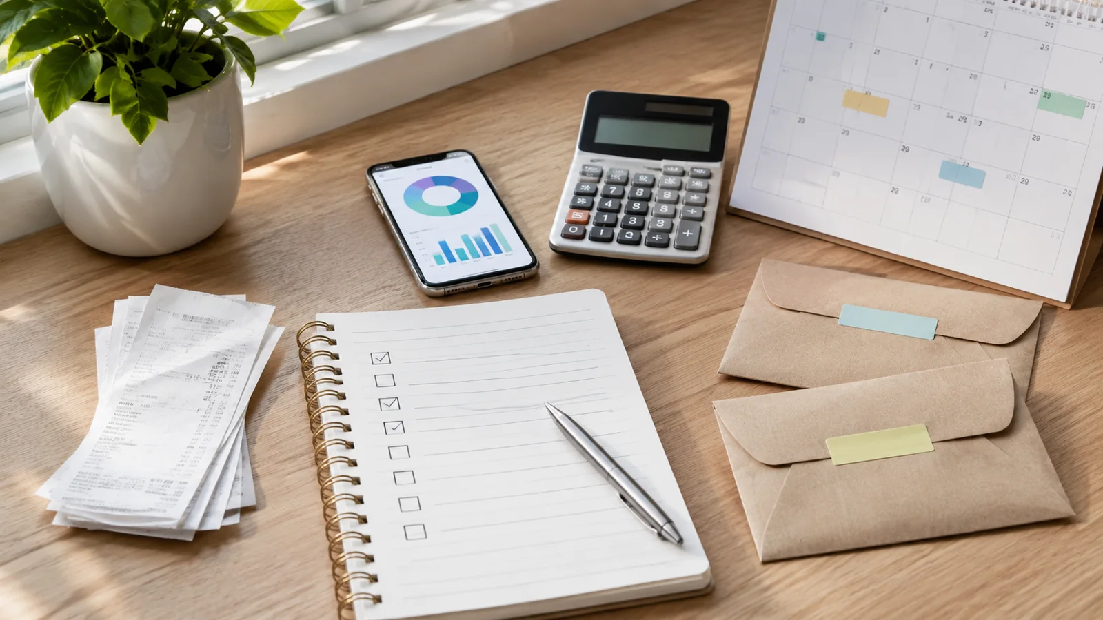 Desk with receipts, calculator, calendar, phone expense chart, and envelopes for tracking reimbursements