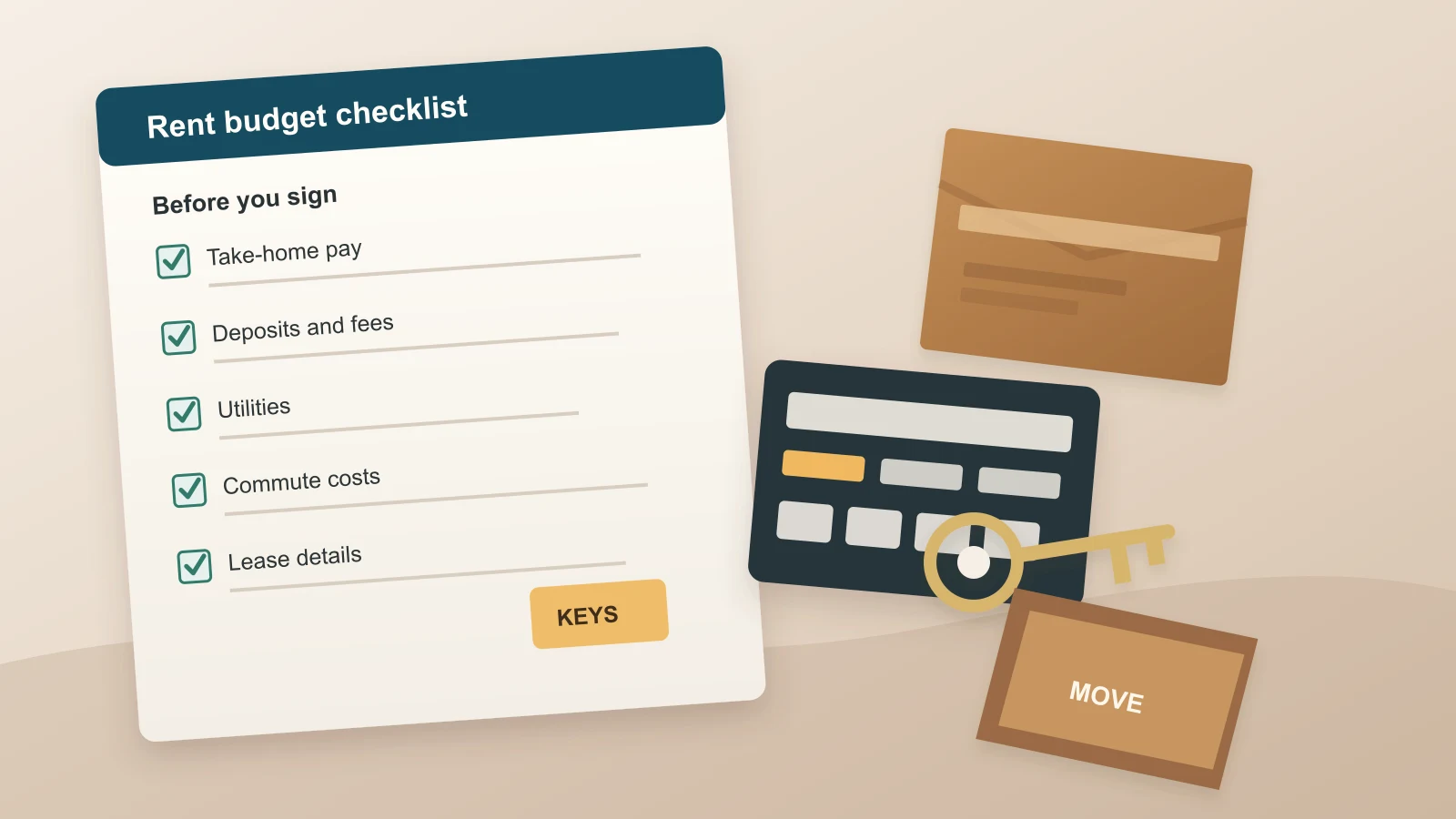 Apartment keys beside a rent checklist, calculator, floor plan, and moving boxes