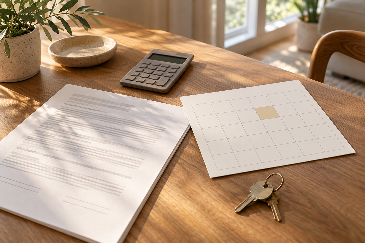 Apartment keys, a calculator, an unreadable lease, and a calendar with one highlighted month on a sunlit table