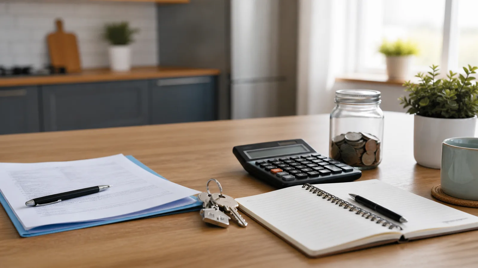 Lease papers, apartment keys, calculator, savings jar, and budget notebook on a bright kitchen table