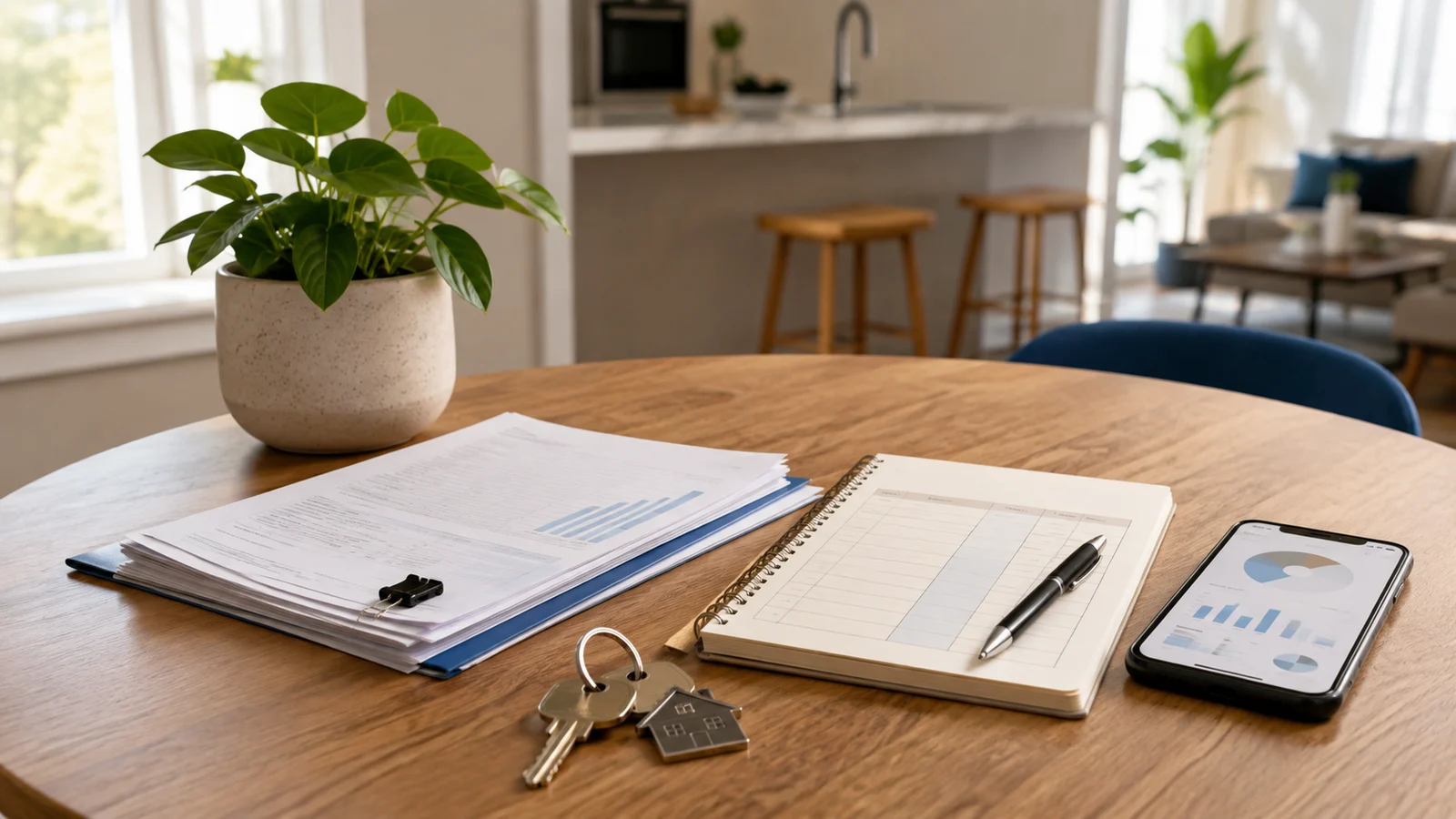 Apartment keys, insurance paperwork, phone, pen, and budget notebook arranged on a bright kitchen table