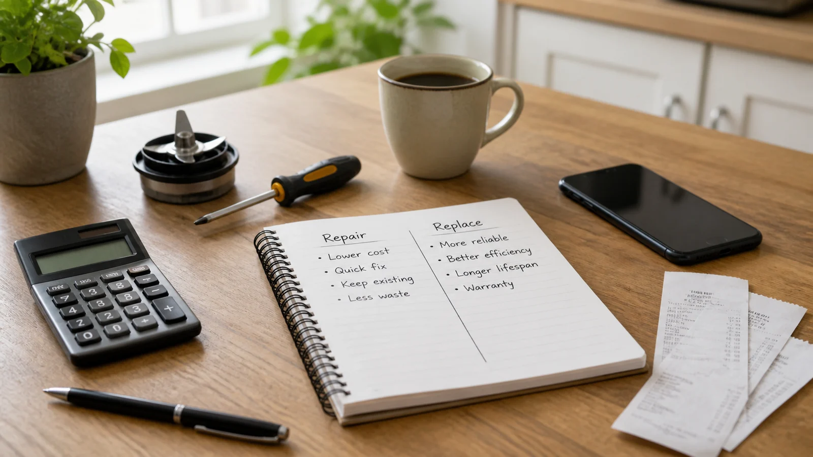 Notebook with repair and replace columns beside a calculator, receipts, smartphone, and small household tool on a bright desk
