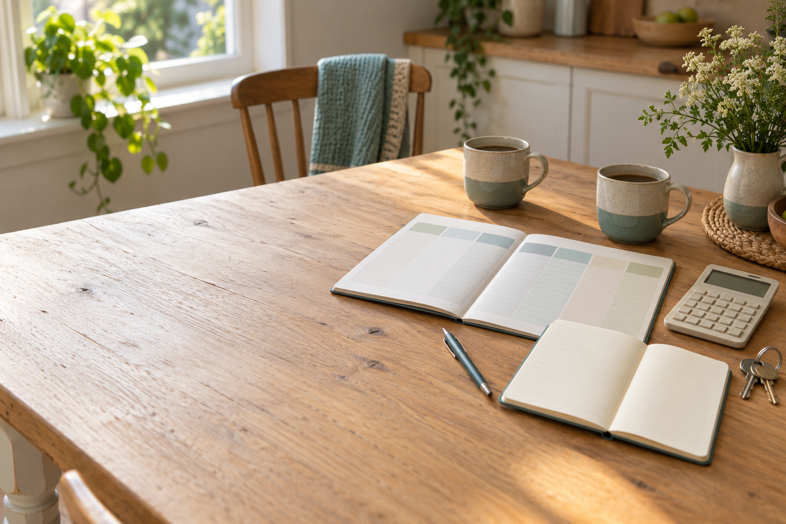 Weekly calendar, blank notebook, calculator, house keys, and two mugs arranged on a sunlit kitchen table