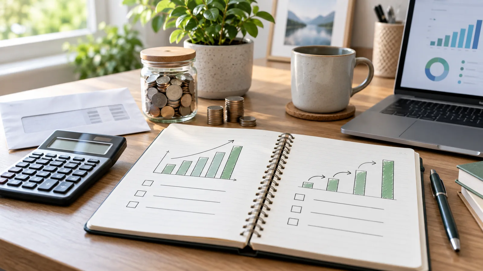 Notebook with simple rising bar charts beside a calculator, coins, laptop, plant, and pay envelope on a sunlit desk