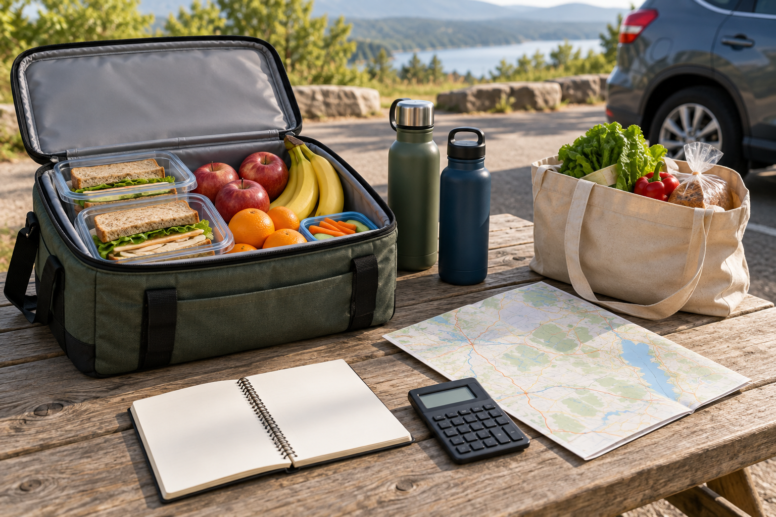 Reusable cooler, packed sandwiches, fruit, water bottles, grocery bag, map, and budget notebook at a road trip picnic stop