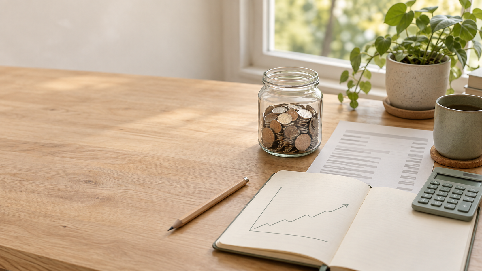 Glass jar of coins, blank bank statement, calculator, and notebook with a rising line on a light-wood desk