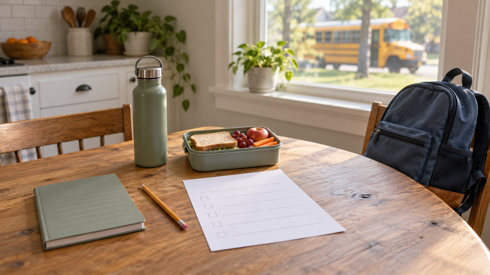 Backpack, lunch box, water bottle, pencil, and blank school trip form on a kitchen table with a bus blurred outside