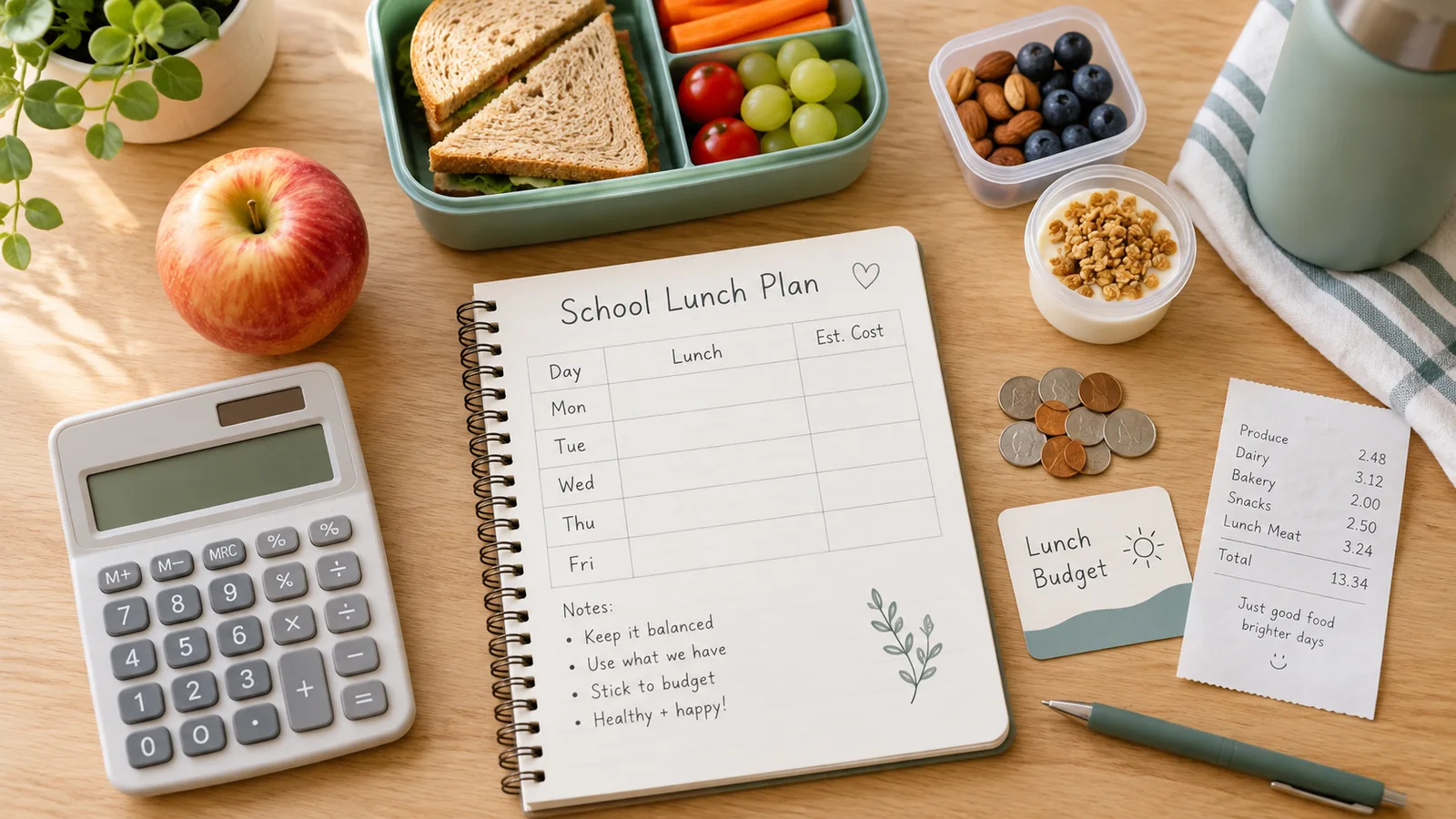 Kitchen table with a school lunch planner, calculator, coins, lunch box, apple, snack containers, and grocery receipt for planning school meal costs