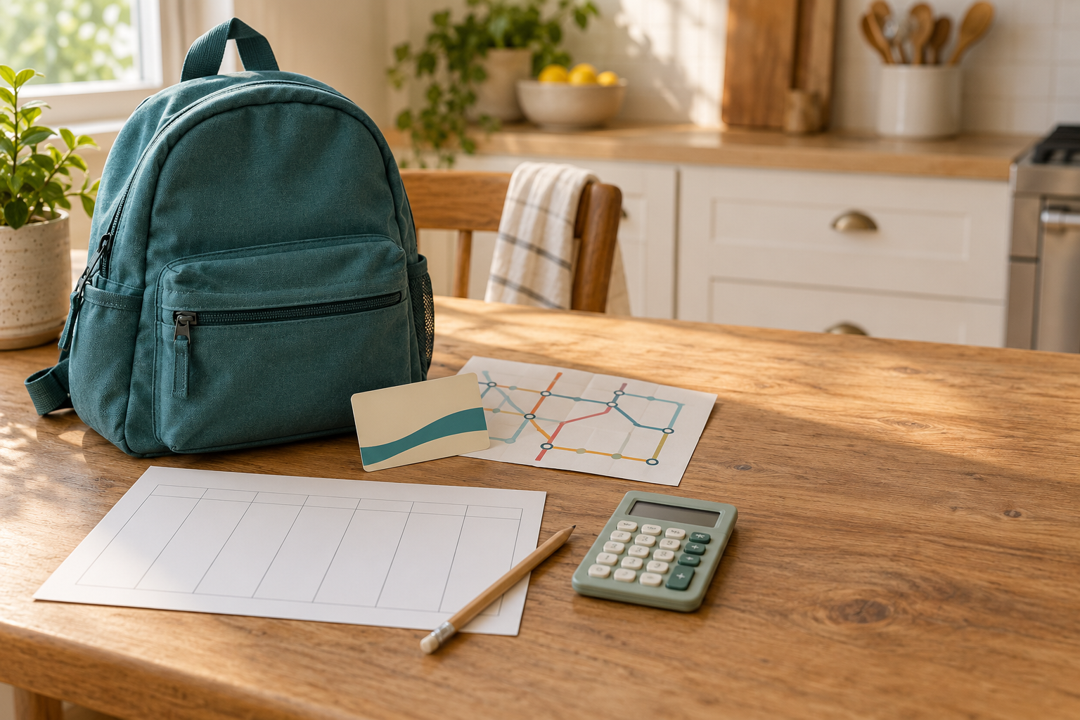 School backpack beside an unbranded transit pass, route map, weekly calendar, pencil, and calculator on a kitchen table