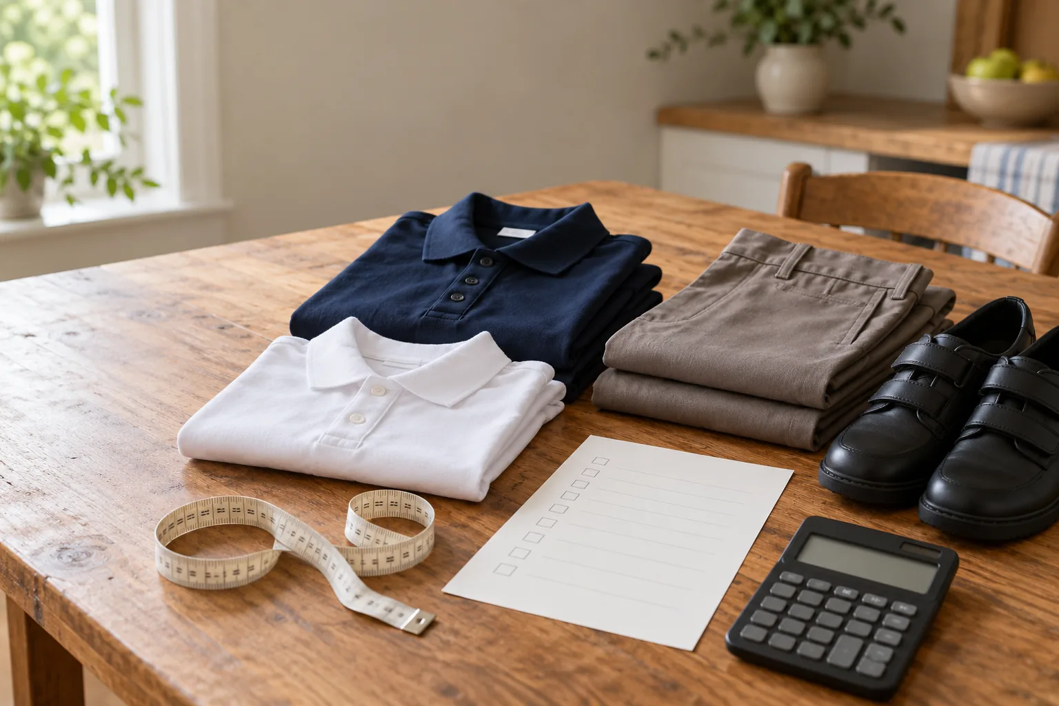 Neatly folded school uniform shirts and trousers beside a blank checklist, measuring tape, and calculator on a wooden table