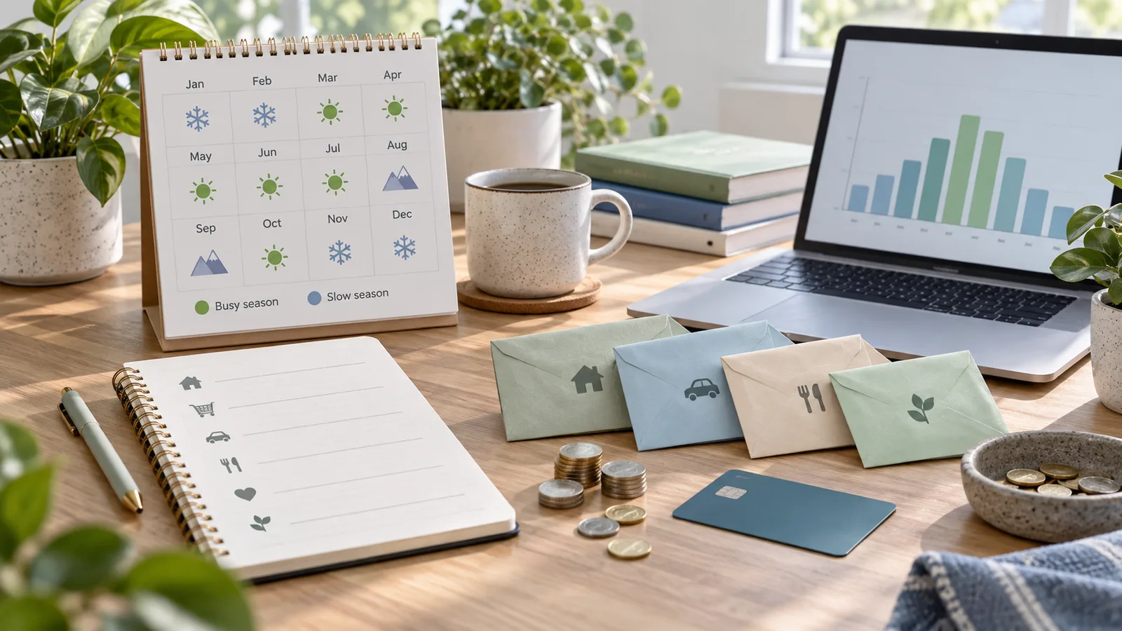 Desk with a seasonal budget calendar, savings envelopes, coins, and a laptop chart for planning busy and slow income months