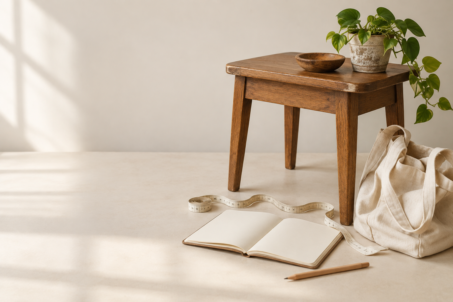 Pre-owned wooden side table with a small scuff beside a measuring tape, blank notebook, pencil, and canvas tote in window light