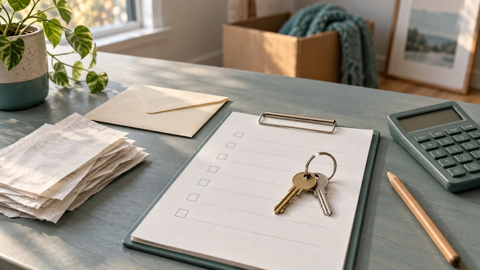 Apartment keys beside a blank move-out checklist, receipts, an envelope, and a calculator on a tidy desk