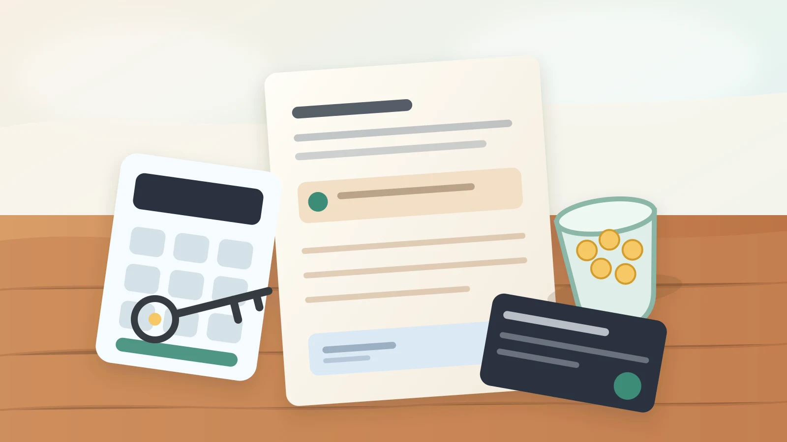 Apartment keys, lease papers, a savings jar, calculator, and moving checklist on a bright table