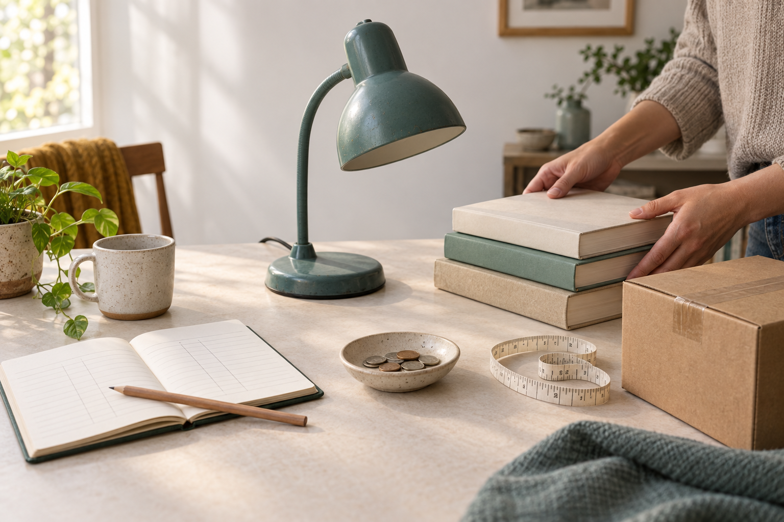 Gently used desk lamp and books beside a shipping box, measuring tape, coins, and a notebook on a home table