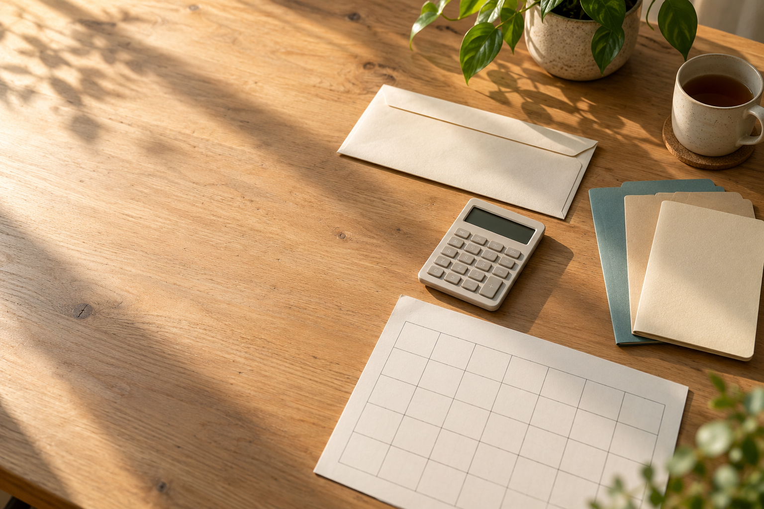 Unbranded pay envelope, blank monthly calendar, calculator, and budgeting folders on a sunlit wooden desk