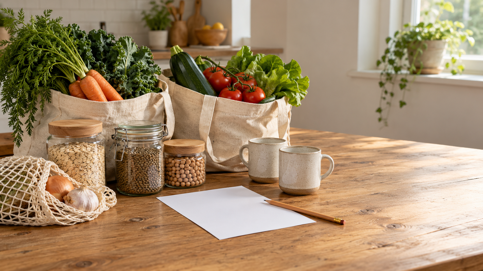 Two grocery totes, vegetables, pantry staples, and a shopping list on a shared apartment kitchen table