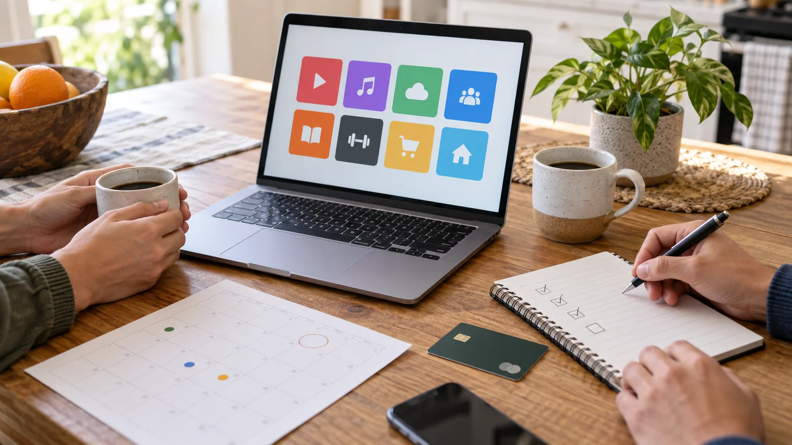 Organized home desk with a laptop showing generic app tiles, a calendar, coffee cups, notebook, and payment card for planning shared subscription costs