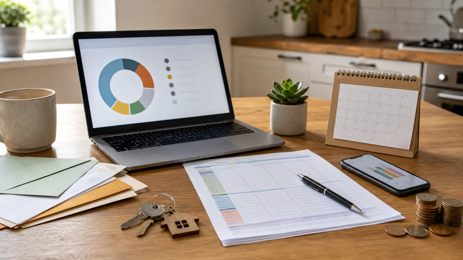 Kitchen table with a single-income budget worksheet, calendar pages, house keys, phone expense chart, envelopes, and coins