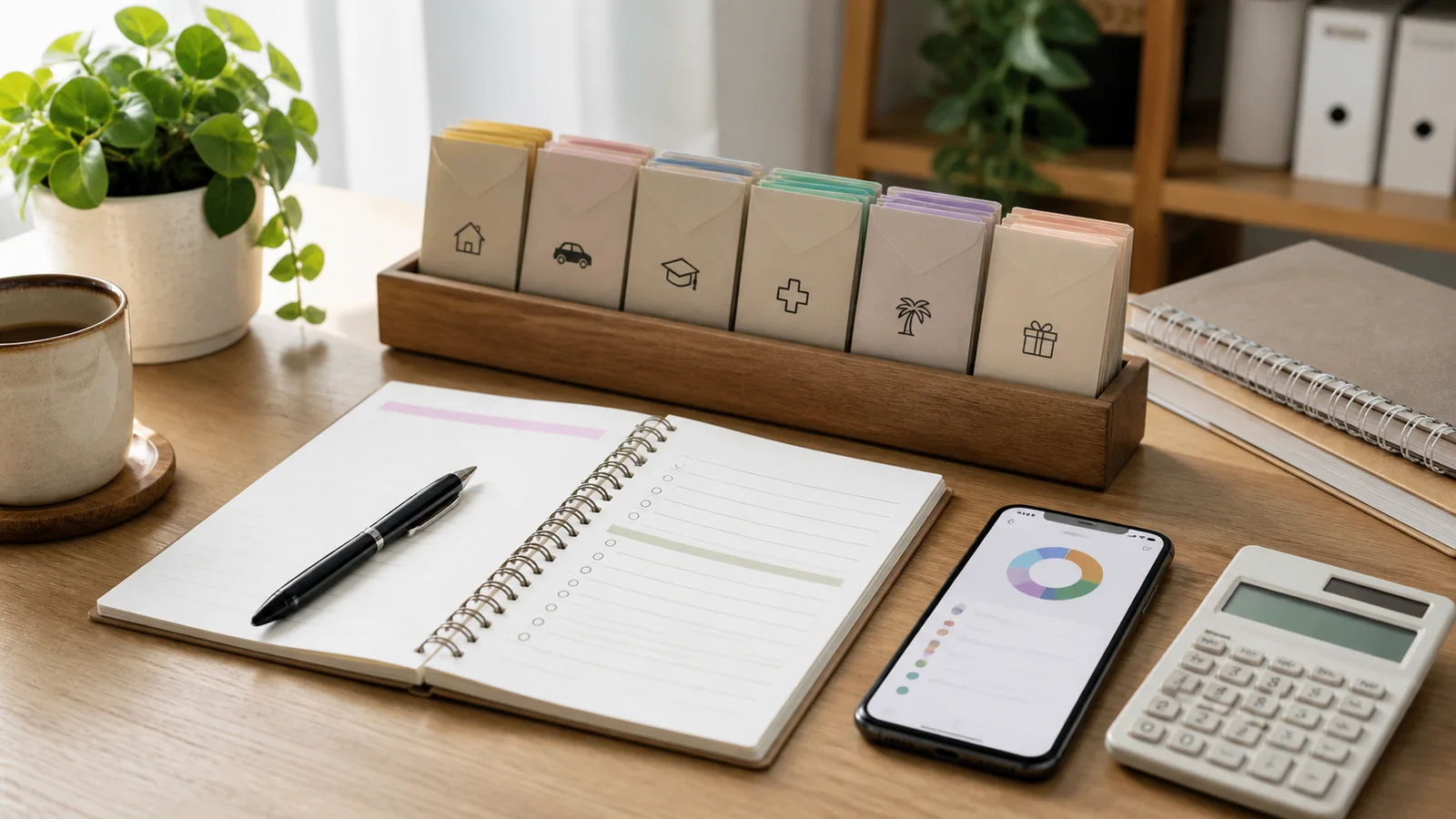 A desk with organized envelopes, a notebook, a calculator, and a phone showing budget categories