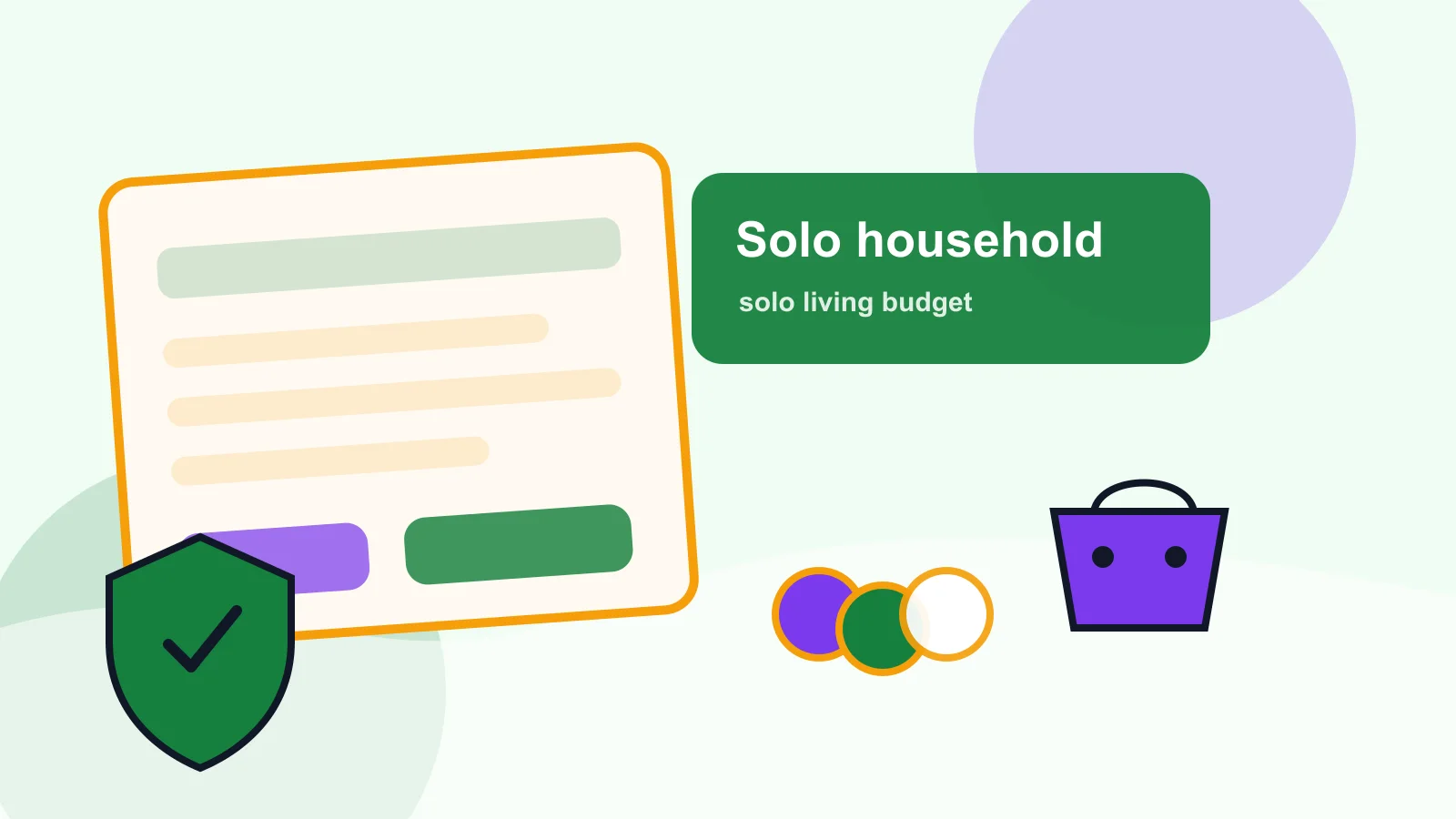 One-person apartment budget with key, grocery list, utility bills, plant, mug, and emergency buffer note