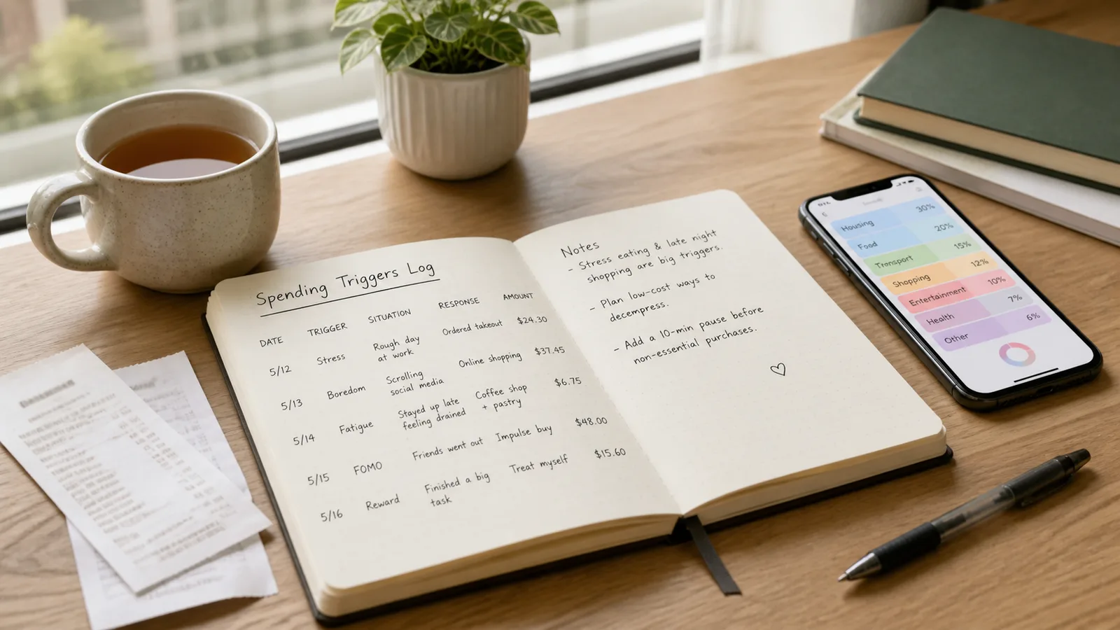 Notebook spending trigger log beside receipts, pen, tea, and a phone showing colorful expense categories on a calm desk