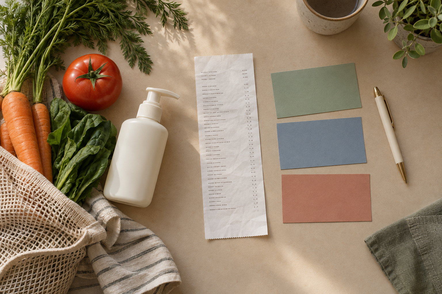 Mixed grocery and household purchases beside a plain receipt, pen, and colored category cards on a desk