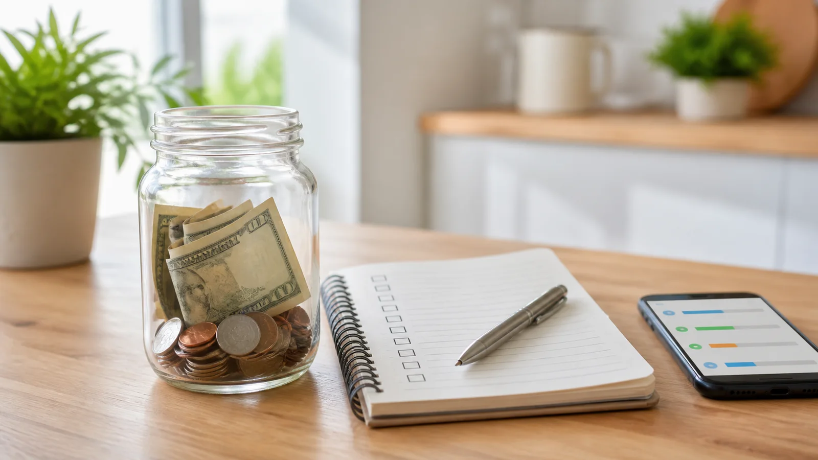 Glass jar with cash and coins beside a checklist notebook, pen, and phone on a bright kitchen table