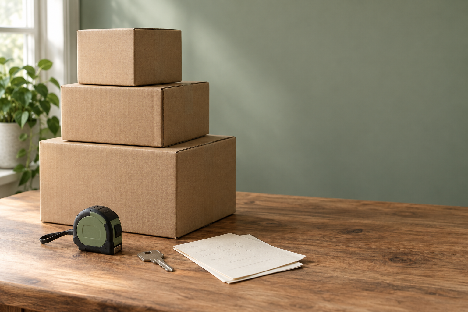 Cardboard moving boxes, a tape measure, house key, and blank budget notes on a wooden table